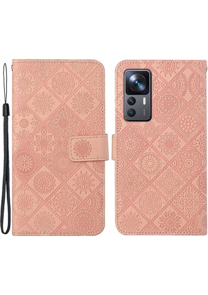 Xiaomi 12T 5G/12T Pro 5g/redmi K50 Ultra 5g Mıknatıs Toka Etnik Baskı Çiçek Cüzdan Hands Stand Deri Kılıf Strap-Pink ile (Yurt Dışından)