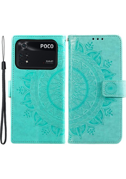 Basılı Mandala Çiçek Cüzdan Tasarımı Deri Kılıf Xiaomi Poco M4 Pro 4g, Anti Drop Tam Koruma Telefon Stand Vaka-Yeşil (Yurt Dışından)