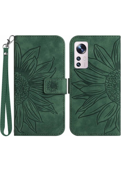 Xiaomi Için 12 Lite 5g HT04 Baskılı Ayçiçeği Pu Deri Cüzdan Kılıfı Cilt Touch Stand Manyetik Kapatma Strap-Dark Yeşil ile Telefon Kapağı (Yurt Dışından)
