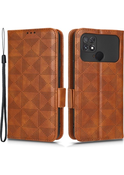 Xiaomi Poco C40 4g Üçgen Deseni Baskılı Telefon Kılıfı, Şok Geçirmez Cüzdan Stand Pu Deri Telefon Kapağı Strap-Brown (Yurt Dışından)