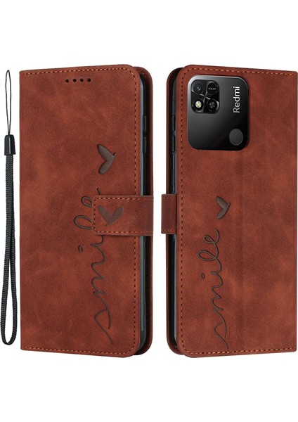 Xiaomi Için Redmi 10C/REDMI 10 (Hindistan) Kalp Şekli Baskılı Cüzdan Kılıf Cilt Touch Hissed Pu Deri Bilek Kayışı Stand Flip Telefon Kapak-Kahverengi (Yurt Dışından)