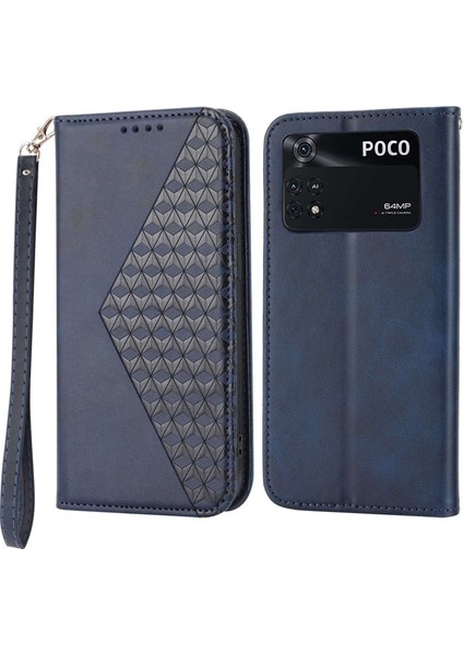 Xiaomi Için Poco M4 Pro 4g Baskılı Rhombus Desen Buzağı Dokusu Pu Deri Kılıf Anti-Drop Stand Cüzdan Kapağı Strap-Mavi (Yurt Dışından)