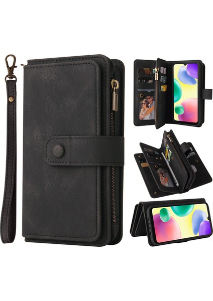 Xiaomi Redmi 10A Için Cilt Touch Pu Deri Cüzdan Stand Telefon Kılıfı Birden Fazla Kart Yuvası ve Fermuar Cep-Siyah (Yurt Dışından)