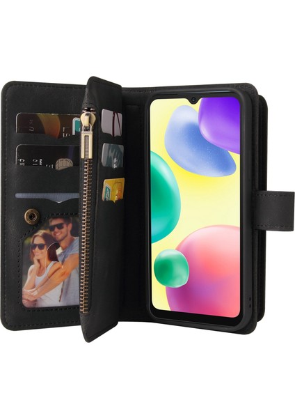 Xiaomi Redmi 10A Için Cilt Touch Pu Deri Cüzdan Stand Telefon Kılıfı Birden Fazla Kart Yuvası ve Fermuar Cep-Siyah (Yurt Dışından) modelleri
