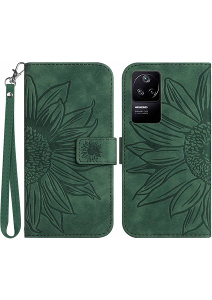 Xiaomi Için Poco F4 5g/redmi K40S 5g HT04 Baskılı Ayçiçeği Stand Cüzdan Telefon Kılıfı Cilt Touch Pu Deri Anti Drop Kapak Strap-Dark Yeşil (Yurt Dışından)