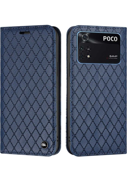Xiaomi Için Poco M4 Pro 4g Anti-Fall Litchi Doku Telefon Cüzdan Stand Rhombus Desenine Dayanıklı Cep Telefonu Vaka-Mavisi (Yurt Dışından)