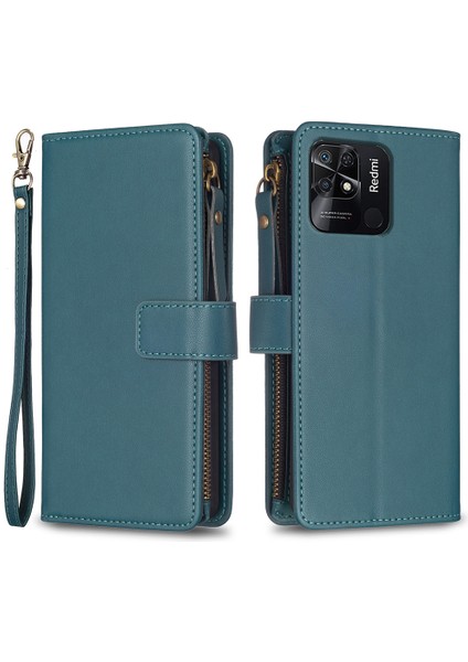 Xiaomi Redmi 10C 4g Anti-Fall Pu Deri Kapak Cüzdan Stand Zippered Telefon Vaka Yeşil (Yurt Dışından)