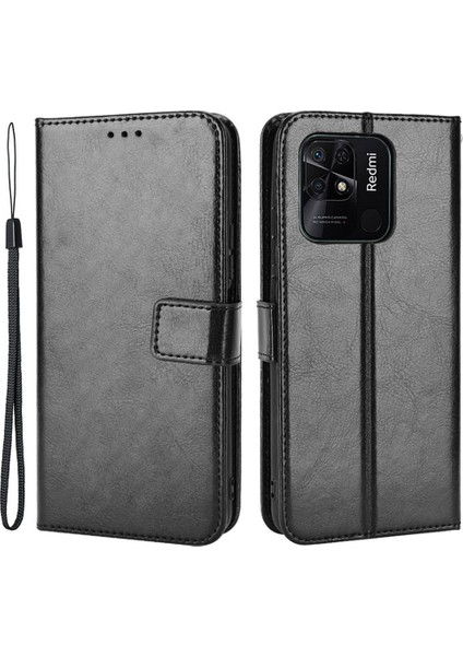 Manyetik Kapatma Cüzdan Xiaomi Için Telefon Kılıfı Redmi 10C Pu Deri Folyo Flip Cover Çılgın At Doku Doku Kabuğu Strap-Black (Yurt Dışından)