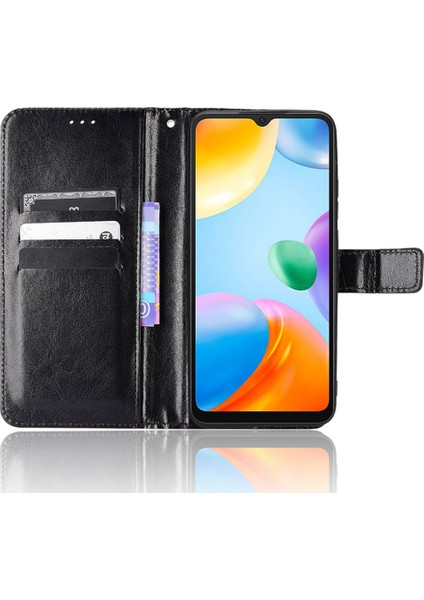 Manyetik Kapatma Cüzdan Xiaomi Için Telefon Kılıfı Redmi 10C Pu Deri Folyo Flip Cover Çılgın At Doku Doku Kabuğu Strap-Black (Yurt Dışından) modelleri