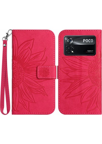 Xiaomi Poco X4 Pro 5g HT04 Cilt Touch Pu Deri Deri Anti Dalgalı Kapak Strap-Rose ile Baskılı Ayçiçeği Stand Cüzdan Telefon Kılıfı (Yurt Dışından)