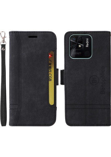 Xiaomi Için Redmi 10C 4g/redmi 10 (Hindistan) 4g Katlanabilir Stand Pu Deri Deri Şok Geçirmez Kılıf Strap-Black ile Baskılı Dikiş Hattı Telefon Cüzdan Kapağı (Yurt Dışından)