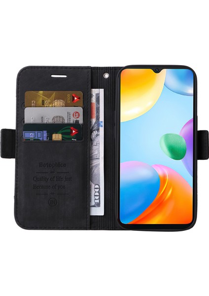 Xiaomi Için Redmi 10C 4g/redmi 10 (Hindistan) 4g Katlanabilir Stand Pu Deri Deri Şok Geçirmez Kılıf Strap-Black ile Baskılı Dikiş Hattı Telefon Cüzdan Kapağı (Yurt Dışından) fiyatları