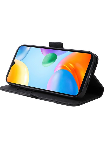 Xiaomi Için Redmi 10C 4g/redmi 10 (Hindistan) 4g Katlanabilir Stand Pu Deri Deri Şok Geçirmez Kılıf Strap-Black ile Baskılı Dikiş Hattı Telefon Cüzdan Kapağı (Yurt Dışından) modelleri