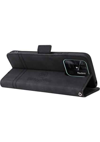 Xiaomi Için Redmi 10C 4g/redmi 10 (Hindistan) 4g Katlanabilir Stand Pu Deri Deri Şok Geçirmez Kılıf Strap-Black ile Baskılı Dikiş Hattı Telefon Cüzdan Kapağı (Yurt Dışından) fırsatları