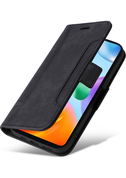 Xiaomi Için Redmi 10C 4g/redmi 10 (Hindistan) 4g Katlanabilir Stand Pu Deri Deri Şok Geçirmez Kılıf Strap-Black ile Baskılı Dikiş Hattı Telefon Cüzdan Kapağı (Yurt Dışından) indirimleri