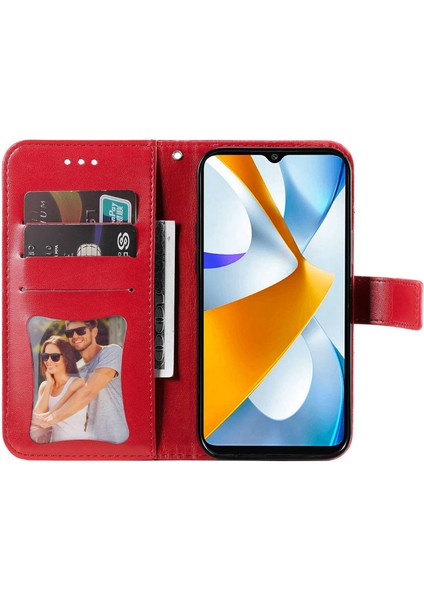 Xiaomi Için Poco C40 4g Çiçek Baskı Pu Deri Telefon Koruyucu Kılıf Flip Stand Cüzdan Kapağı Strap-Red ile (Yurt Dışından)