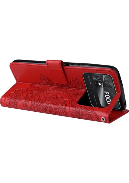 Xiaomi Için Poco C40 4g Çiçek Baskı Pu Deri Telefon Koruyucu Kılıf Flip Stand Cüzdan Kapağı Strap-Red ile (Yurt Dışından)