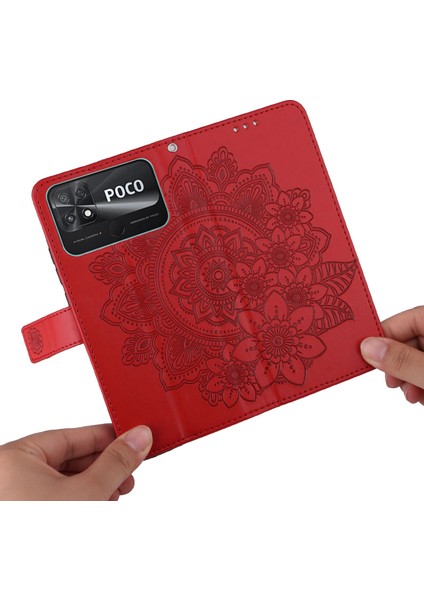 Xiaomi Için Poco C40 4g Çiçek Baskı Pu Deri Telefon Koruyucu Kılıf Flip Stand Cüzdan Kapağı Strap-Red ile (Yurt Dışından)