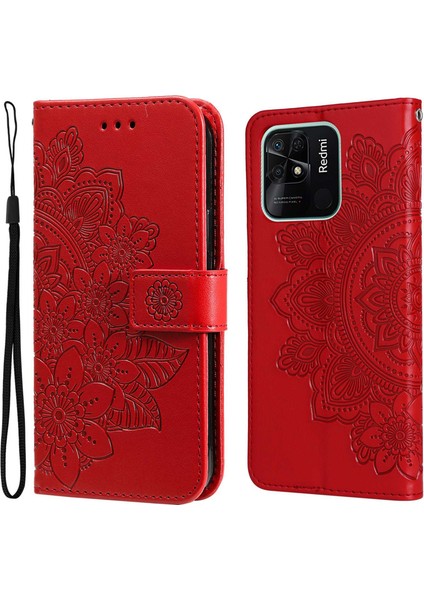 Xiaomi Için Redmi 10C/REDMI 10 (Hindistan) Kayış Tasarım Anti-Fall Çiçek Baskı Cüzdan Deri Deri Stand Manyetik Telefon Korusu (Yurt Dışından)