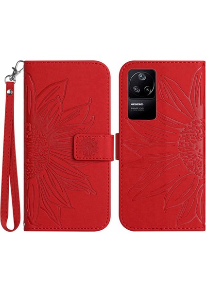 Xiaomi Için Poco F4 5g/redmi K40S 5g HT04 Baskılı Ayçiçeği Stand Cüzdan Telefon Kılıfı Deri Touch Pu Deri Anti Drop Kapak Kayış-Kırmızı ile (Yurt Dışından)