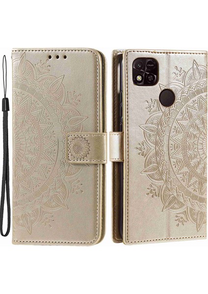 Xiaomi Için Redmi 10A Pu Deri Cüzdan Telefon Kapağı Stand Mandala Çiçek Deseni Strap-Gold ile Baskılı Telefon Kılıfı (Yurt Dışından)