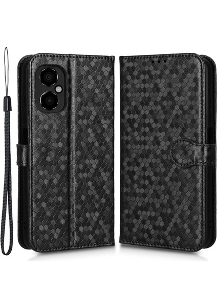 Xiaomi Poco M4 Için 5g Cüzdan Özelliği Pu Deri Flip Kapak Dot Desen Basılı Manyetik Kapatma Stand Şok Geçirmez Tpu Telefon Kılıfı Strap-Black (Yurt Dışından)