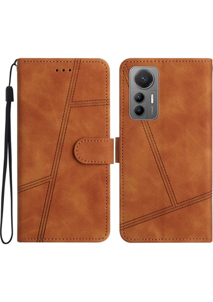 Xiaomi Için 12 Lite 5g Vintage Hatlar Baskılı Telefon Şok Geçirmez Kılıf Cilt Touch Pu Deri Stand Cüzdan Koruyucu Kapak Kahverengi (Yurt Dışından)