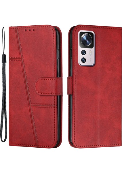 Xiaomi 12T 5g/redmi K50 Ultra 5G/12T Pro 5g Dikiş Pu Deri Flip Kasa Cüzdan Stand Tam Şok Geçirmez Koruyucu Kapak Kayış Kırmızısı (Yurt Dışından)