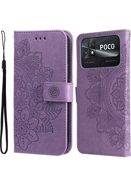 Xiaomi Için Poco C40 4g Çiçek Baskı Pu Deri Telefon Koruyucu Kılıf Flip Stand Cüzdan Kapağı Strap-Purple ile (Yurt Dışından)
