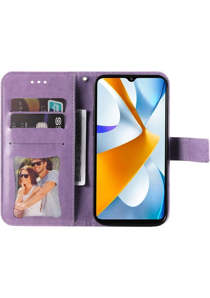 Xiaomi Için Poco C40 4g Çiçek Baskı Pu Deri Telefon Koruyucu Kılıf Flip Stand Cüzdan Kapağı Strap-Purple ile (Yurt Dışından)
