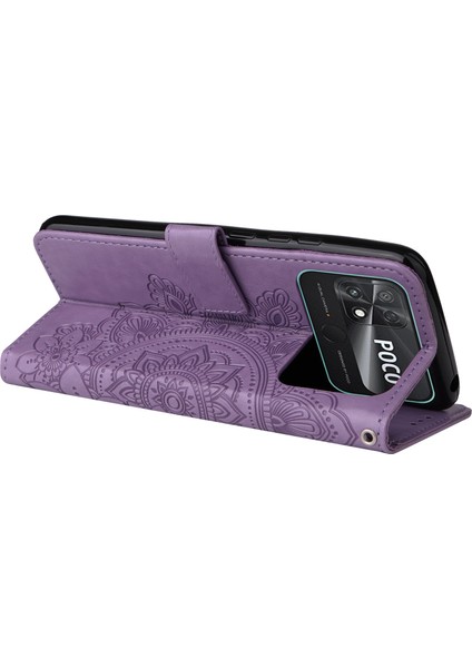 Xiaomi Için Poco C40 4g Çiçek Baskı Pu Deri Telefon Koruyucu Kılıf Flip Stand Cüzdan Kapağı Strap-Purple ile (Yurt Dışından)