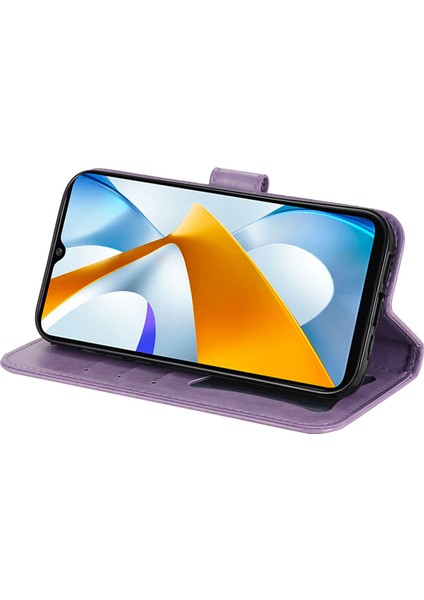 Xiaomi Için Poco C40 4g Çiçek Baskı Pu Deri Telefon Koruyucu Kılıf Flip Stand Cüzdan Kapağı Strap-Purple ile (Yurt Dışından)