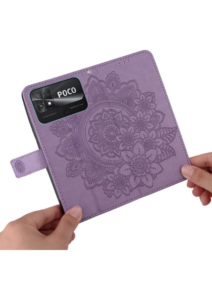 Xiaomi Için Poco C40 4g Çiçek Baskı Pu Deri Telefon Koruyucu Kılıf Flip Stand Cüzdan Kapağı Strap-Purple ile (Yurt Dışından)