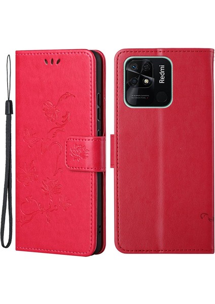 Xiaomi Redmi Için 10C Kelebek Çiçeği Baskılı Pu Deri Manyetik Toka Telefon Kılıfı Stand Kapak-Kırmızı (Yurt Dışından)