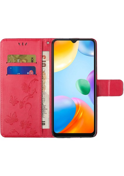 Xiaomi Redmi Için 10C Kelebek Çiçeği Baskılı Pu Deri Manyetik Toka Telefon Kılıfı Stand Kapak-Kırmızı (Yurt Dışından) modelleri