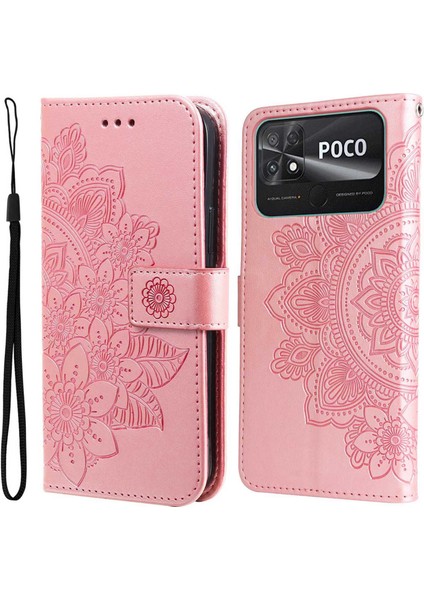 Xiaomi Için Poco C40 4g Çiçek Baskı Pu Deri Telefon Koruyucu Kılıf Flip Stand Cüzdan Kapağı Strap-Rose Altın (Yurt Dışından)