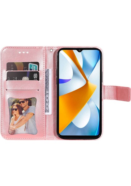 Xiaomi Için Poco C40 4g Çiçek Baskı Pu Deri Telefon Koruyucu Kılıf Flip Stand Cüzdan Kapağı Strap-Rose Altın (Yurt Dışından)