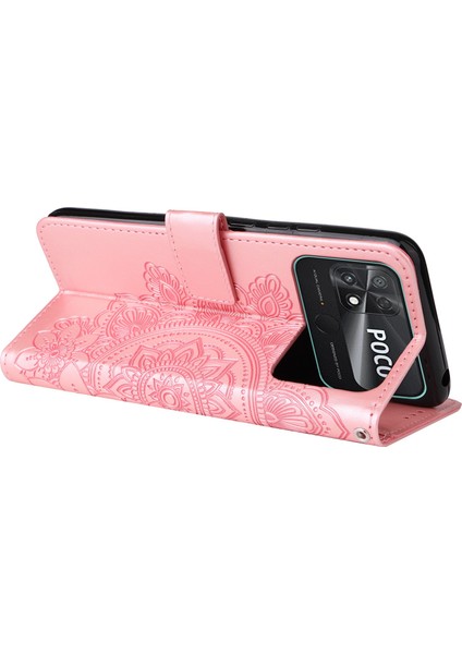 Xiaomi Için Poco C40 4g Çiçek Baskı Pu Deri Telefon Koruyucu Kılıf Flip Stand Cüzdan Kapağı Strap-Rose Altın (Yurt Dışından)