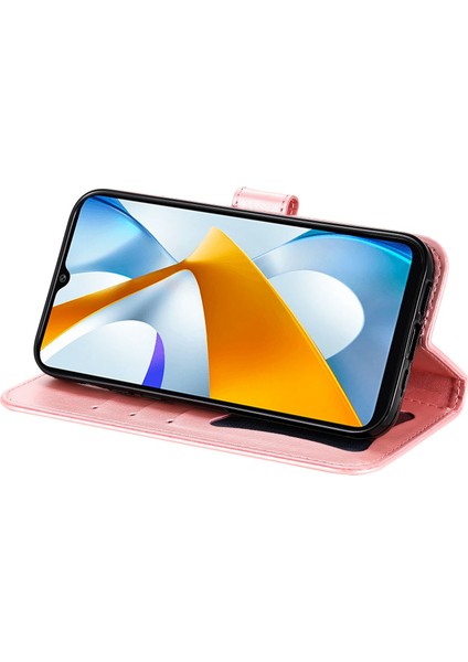 Xiaomi Için Poco C40 4g Çiçek Baskı Pu Deri Telefon Koruyucu Kılıf Flip Stand Cüzdan Kapağı Strap-Rose Altın (Yurt Dışından)