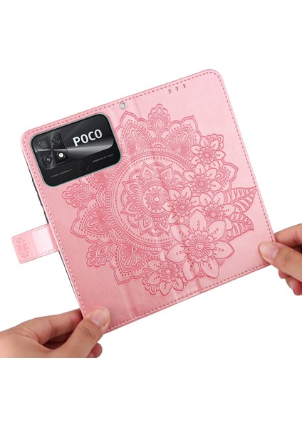 Xiaomi Için Poco C40 4g Çiçek Baskı Pu Deri Telefon Koruyucu Kılıf Flip Stand Cüzdan Kapağı Strap-Rose Altın (Yurt Dışından)
