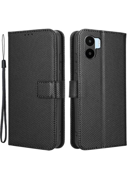 Xiaomi Için Redmi A1 4g/a2 4g Elmas Doku Telefon Cüzdan Kapağı Ön Parmak Izi Pu Deri Stand Kılıf Black (Yurt Dışından)
