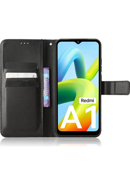 Xiaomi Için Redmi A1 4g/a2 4g Elmas Doku Telefon Cüzdan Kapağı Ön Parmak Izi Pu Deri Stand Kılıf Black (Yurt Dışından)