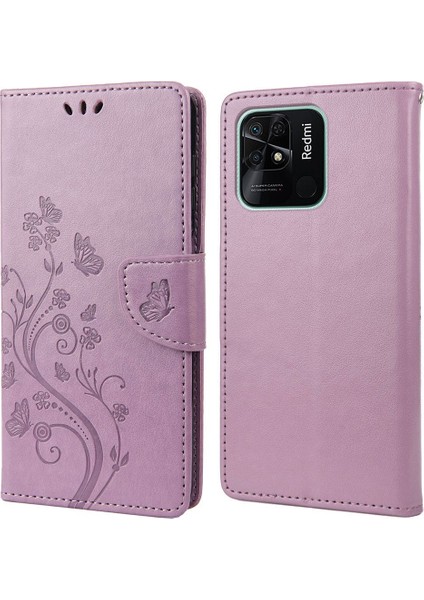 Xiaomi Redmi Için 10C Kelebek Çiçeği Baskılı Folio Flip Pu Deri Kılıf Stand Cüzdan Kapak Light Mor (Yurt Dışından)