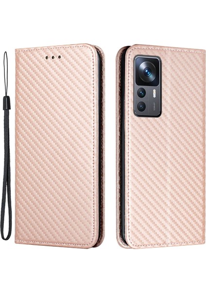Xiaomi Için 12T 5G/12T Pro 5g/redmi K50 Ultra 5g Karbon Fiber Doku Pu Deri Stand Cüzdan Kılıfı Manyetik Otomatik Kapanış Telefon Kapağı Bilek Kayış Rose Altın (Yurt Dışından)