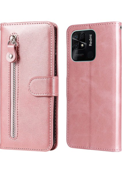 Xiaomi Için Redmi 10C/REDMI 10 (Hindistan) Fermuarı Cep Deri Cüzdan Kılıfı Manyetik Kapanma Stand Şok Geçirmez Koruyucu Flip Cover Gold (Yurt Dışından)