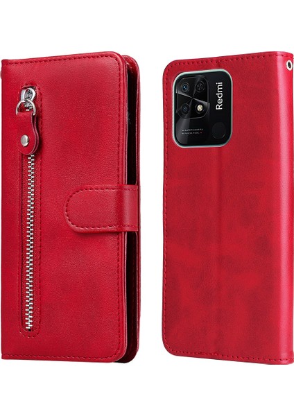 Xiaomi Için Redmi 10C/REDMI 10 (Hindistan) Fermuarı Cep Deri Cüzdan Kılıfı Manyetik Kapanma Stand Şok Geçirmez Koruyucu Flip Kapak-Kırmızı (Yurt Dışından)