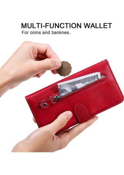 Xiaomi Için Redmi 10C/REDMI 10 (Hindistan) Fermuarı Cep Deri Cüzdan Kılıfı Manyetik Kapanma Stand Şok Geçirmez Koruyucu Flip Kapak-Kırmızı (Yurt Dışından) fiyatları