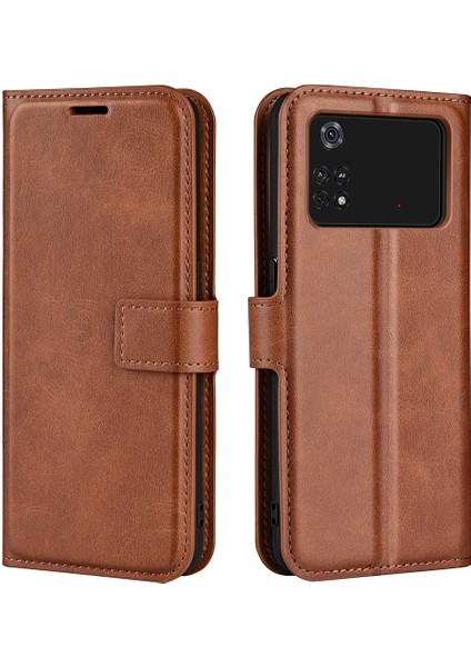 Xiaomi Için Poco M4 Pro 4g Manyetik Kıta Dokulu Pu Deri Kılıf Cüzdan Stand Flip Telefon Kapak Işık Kahverengi (Yurt Dışından)