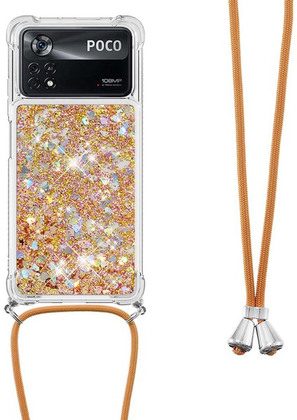 Xiaomi Için Yb Quicksand Poco X4 Pro 5g Parlak Glitter Sıvı Quicksand ve Cep Telefon Kılıfı Koruyucu Tpu Kabuklu Koruyucu-Gold/heart (Yurt Dışından)