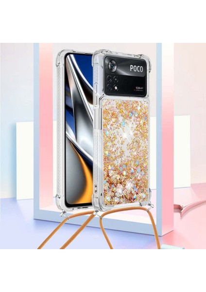 Xiaomi Için Yb Quicksand Poco X4 Pro 5g Parlak Glitter Sıvı Quicksand ve Cep Telefon Kılıfı Koruyucu Tpu Kabuklu Koruyucu-Gold/heart (Yurt Dışından)